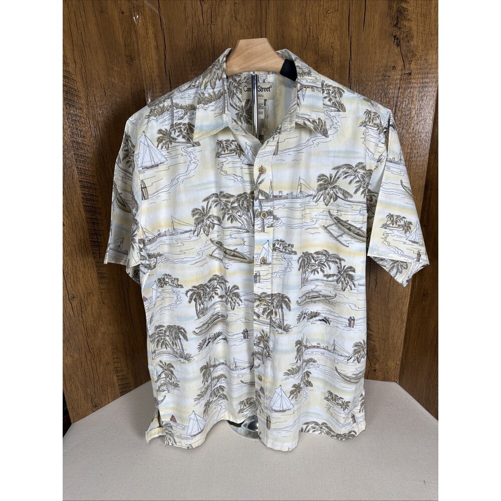 Cooke Street Hawaiian Shirt Mens L Yellow Reverse Print Cotton Aloha Made in USA